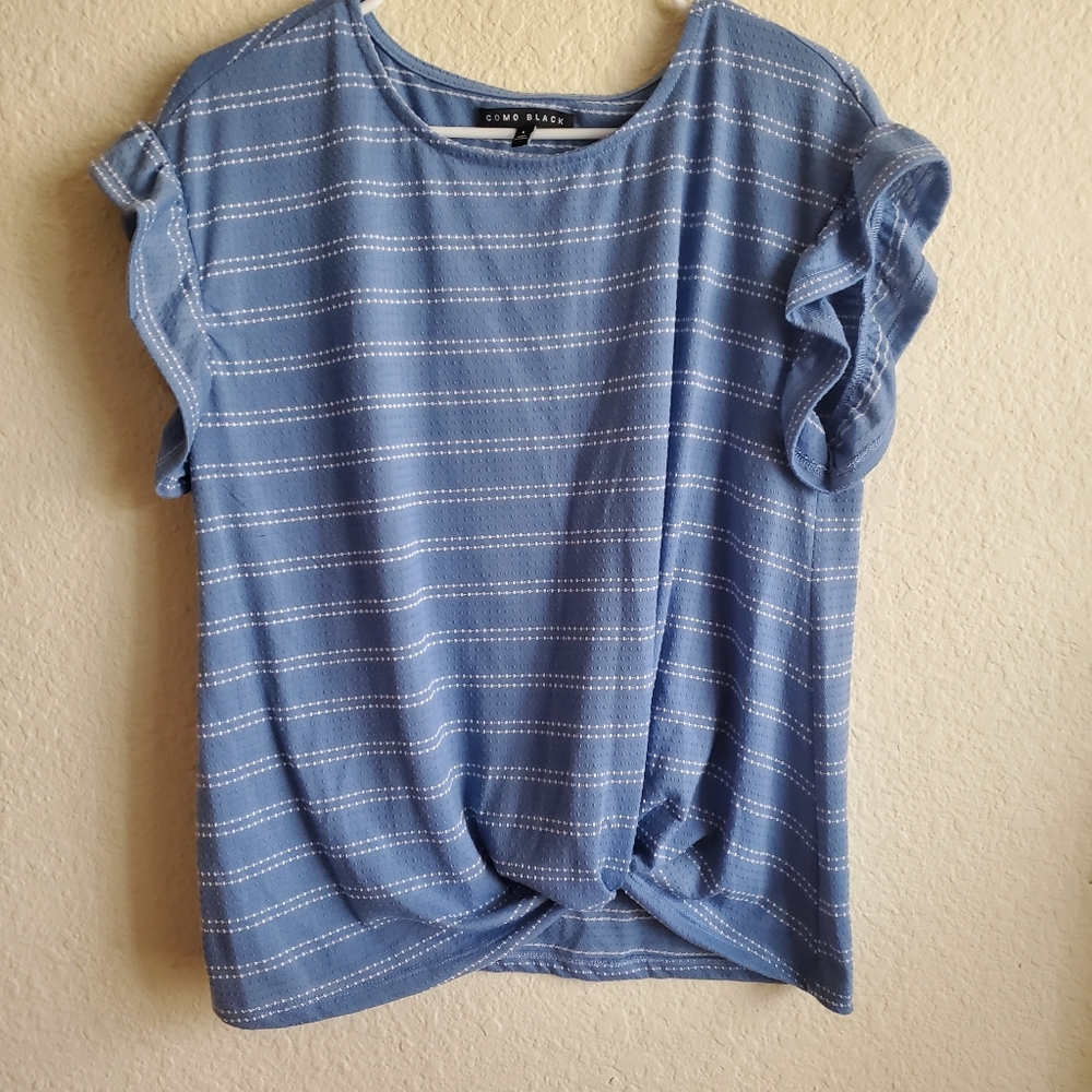 Como Black Blue White Striped Top Ruffle Sleeves Girly Large Rodeo Country Casua
